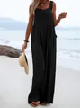 Summer black sleeveless wide-leg cotton linen jumpsuit with decorative strap buttons - S / Top And Bottom / Black