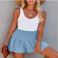 Light blue cotton beach skort with smocked high waist and ruffled hem for summer - S / Bottoms / Sky Blue