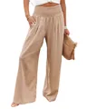 Women's high-waisted wide-leg cotton linen casual trousers in tan with smocked waist - S / Bottoms / Khaki