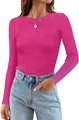 Detail van een magenta geribbelde top met lange mouwen, ronde hals en nauwsluitende pasvorm - S / Tops / Rozerood