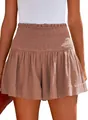 Women's high waisted pink cotton flowy beach shorts with smocked waistband design - S / Bottoms / Tan