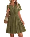 Robe à volants vert olive avec col en V, manches bouffantes et taille smockée élégante - Vert Militaire