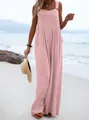 Casual pink sleeveless wide-leg jumpsuit with button straps for summer beachwear - Pink