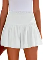 High-waisted white cotton beach skort with smocked elastic waistband and flowy fit - S / Bottoms / White