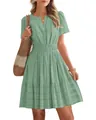Mint green V-neck tiered dress with puff sleeves and elastic waist for summer - S / Tops / Light Green