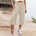 Pantaloni capri casual da donna beige a gamba larga con vita alta elastica arricciata - Taglia S / Pantaloni e gonne / Albicocca