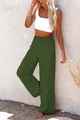 Women's olive green wide-leg cotton pants with ruched high waist and relaxed fit. - S / Bottoms / Green
