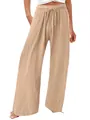 Comfortabele beige wijde broek van katoen en linnen voor dames met trekkoord - S / Bottoms / Khaki