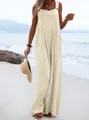 Elegant summer beige solid color wide-leg sleeveless jumpsuit with button strap - Off White