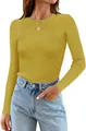 Detailed view of women's ribbed long-sleeve crew neck sweater in mustard yellow - Fluorescent Green