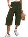 Pantaloni cropped casual verde scuro a gamba larga con vita alta elasticizzata - Verde