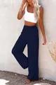 Navy blue casual wide-leg cotton trousers for women featuring a smocked elastic high waist - Navy Blue