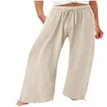 Pantalon large élégant et léger en coton et lin beige avec cordon de serrage réglable - Abricot