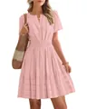 Robe courte rose élégante à col en V, manches bouffantes et taille haute élastique - Rose
