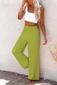 Casual women's lime green wide-leg trousers with a smocked elasticated high waist - Fluorescent Green