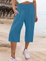 Pantaloni cropped blu casual da donna con vita alta a nido d'ape e pratiche tasche - Blu-Verde