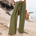 Pantalon large femme en coton et lin vert olive pour la plage et les loisirs d'été. - Vert Militaire