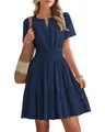 Robe mi-longue marine élégante à col en V, manches bouffantes et taille plissée - Bleu marine