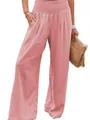 Casual rose pink wide-leg pants for women featuring smocked high waist and front pleats - Pink