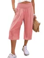 Pantaloni culotte estivi leggeri rosa con vita alta arricciata da donna - Rosa