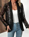 Veste blazer élégante en dentelle noire à fleurs et manches longues pour femme chic - S / Hauts / Noir