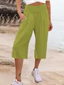 Pantaloni estivi casual da donna verde oliva a gamba larga con vita alta arricciata - Verde fluorescente