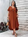 Elegante abito lungo taglie forti con scollo a V color terracotta per l'estate - 1XL / Top / Marrone