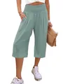 Pantaloni estivi da donna a vita alta con smock e gamba larga in verde polvere - Smeraldo