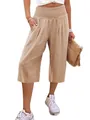 Pantaloni estivi casual kaki da donna a gamba larga, lunghezza corta e vita alta - Kaki
