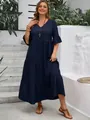 Elegant navy blue V-neck tiered maxi dress for women in a summer outdoor setting - 1XL / Top And Bottom / Navy Blue