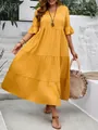 Robe longue d'été jaune à col en V, grandes tailles, avec tissu texturé et manches cloche - Jaune