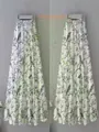 Jupe midi plissée vert clair élégante avec imprimé romantique d'oiseaux et fleurs - S / Bas / Blanc (Imprimé Fleurs et Oiseaux)