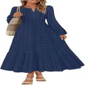 Navy blue V-neck tiered midi dress with long puff sleeves and cinched waist - S / Navy Blue