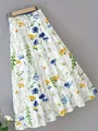 Jupe longue élégante blanche avec imprimé floral romantique et taille élastiquée - S / Bas / Multicolore (Floral Bleu et Jaune)
