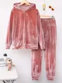 Cozy pink velvet two-piece lounge set featuring a hooded sweatshirt and elastic waist pants - S / Top And Bottom / Pink