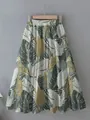 Jupe mi-longue évasée élégante pour femme avec un imprimé romantique de feuilles tropicales - S / Bas / Olive (Imprimé Tropical)