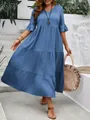 Summer blue V-neck tiered maxi dress with bell sleeves and textured fabric detail - 1XL / Top And Bottom / Sapphire Blue