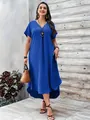 Abito casual taglie forti con scollo a V, blu reale e orlo asimmetrico moderno - 1XL / Top / Blu zaffiro