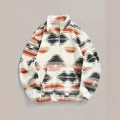 Women's Bohemian print quarter-zip fleece jacket with kangaroo pocket in ethnic pattern - S / Tops / Gray
