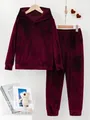 Velvet loungewear set with hooded sweatshirt and matching pants in burgundy - S / Top And Bottom / Burgundy