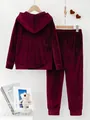 Detailed view of burgundy Korean velvet loungewear set with hooded sweatshirt and matching pants - S / Top And Bottom / Burgundy