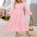 Elegant pink V-neck tiered maxi dress with puff sleeves and cinched waist detail - S / Pink