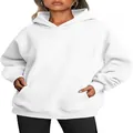 Detail view of a white oversized hooded sweatshirt with a cozy kangaroo pocket - S / Tops / White