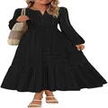 Full view of elegant black V-neck tiered maxi dress with stylish long puff sleeves. - S / Black