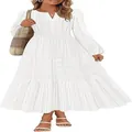 Elegant white V-neck tiered midi dress with long bubble sleeves and cinched waist detail. - White