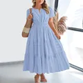 Fashionable V-neck light blue tiered maxi dress with puff sleeves and elastic waist - Light Blue