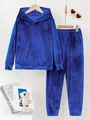 Cozy royal blue velvet two-piece hoodie and pants set for children - S / Top And Bottom / Blue