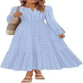 Detailed look at the V-neck tiered maxi dress featuring bubble sleeves and a cinched waist - S / Light Blue