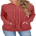 Sudadera con capucha roja acanalada para mujer con cordón y bolsillo de canguro - Rojo
