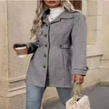 Elegant gray slim fit woolen pea coat with classic lapel and button details for women - S / Tops / Gray